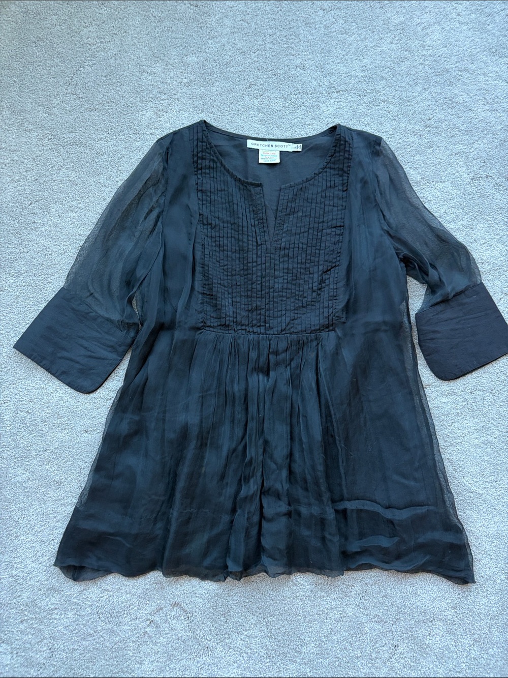 Gretchen Scott Black Sheer Pintuck A-Line Tunic